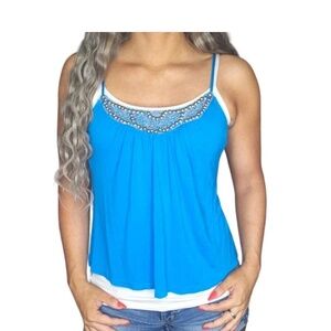 Candies Tank Top Small Blue Spaghetti Strap Beaded Jeweled Embroidered Flowy